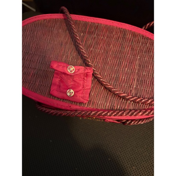 Oval Woven Vanity Case Cosmetic Bag Pink Trim Red Lined Closure Handle - Picture 5 of 7